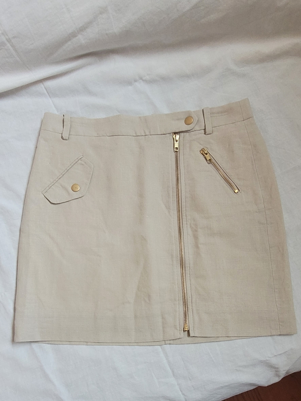 J Crew Gold-Zip Beige Mini Skirt, Linen and Cotton with Cotton Lining, Sz 0